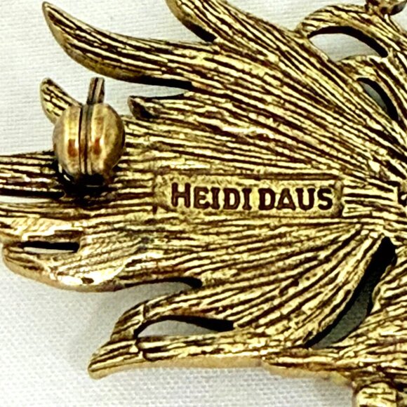 Heidi Daus Peacock Feather Brooch w/Blue & Green Crystals Gold-Tone Signed - Picture 8 of 8